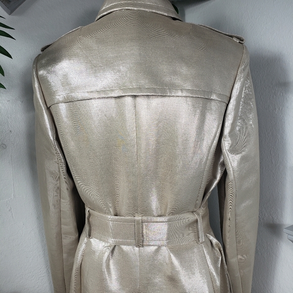 St. John Shimmering Silk Trench Tan / Silver w/ Belt & Pockets Couture sz 10 - Picture 4 of 15